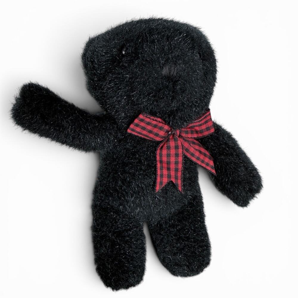 Mary Meyer Black Bear Finger Puppet Plush 6 in Red Plaid Bow Stuffed Animal Vtg